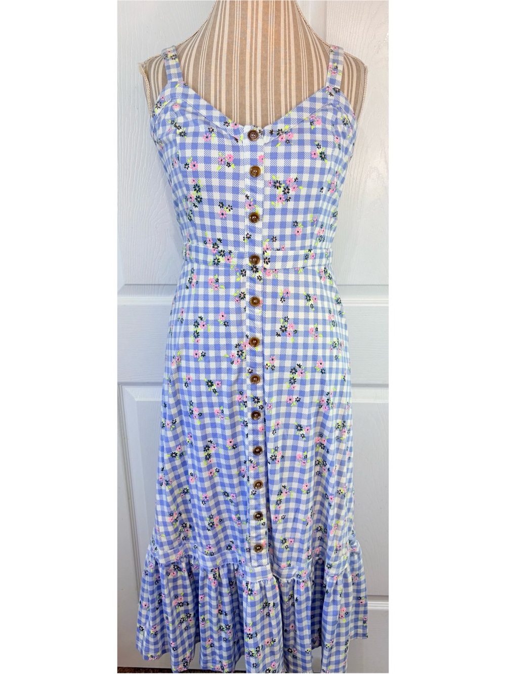 Modcloth Blue Gingham Picnic Cottagecore Smocked Button Down Midi Dress Large